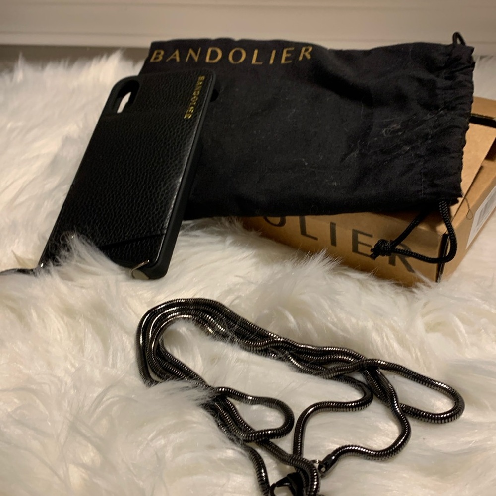 BANDOLIER BLACK PEBBLE LEATHER IPHONE X/Xs Case and Pewter Chain Strap